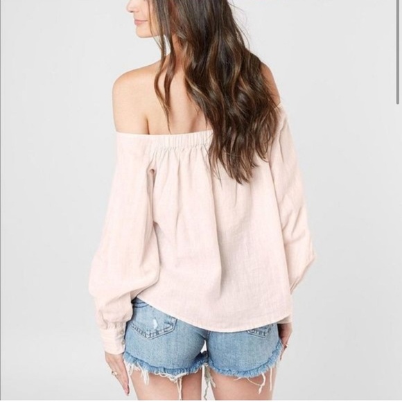 Free People Women's Linen Striped Off Shoulder Tie Hello There Beautiful Top M - Picture 7 of 7